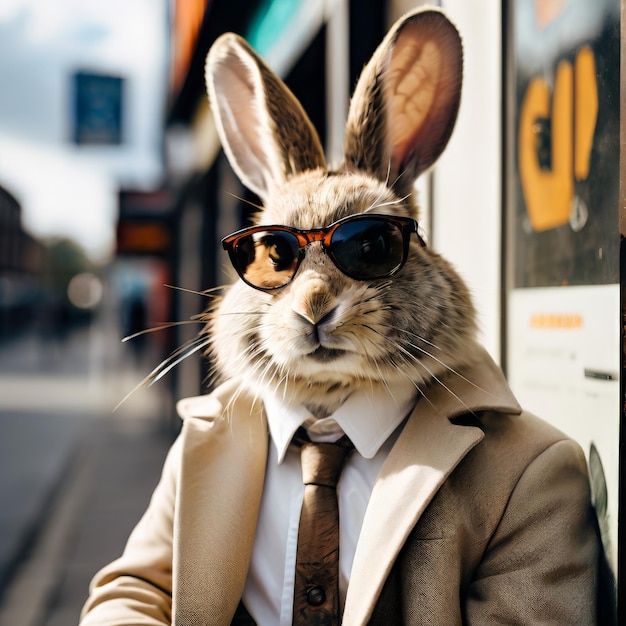 conejo con gafas de sol y conejo sentado frente a un conejo blanco con gafas De sol y