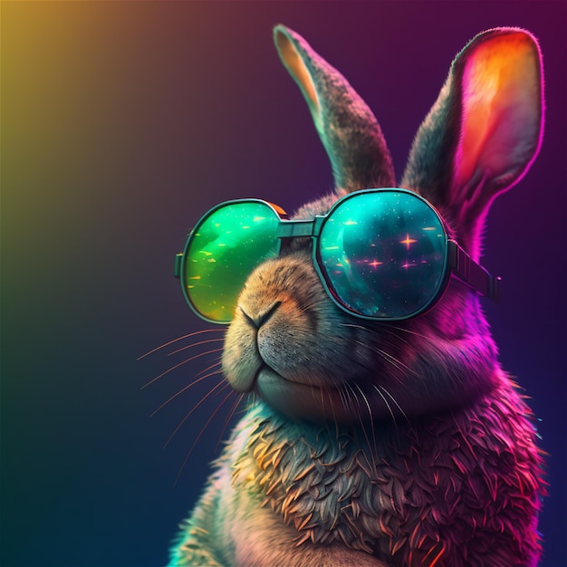 Un conejo con gafas de sol y un fondo con los colores del arco iris.