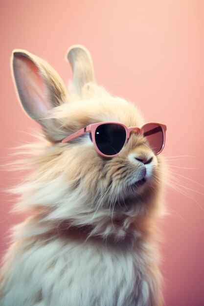 Conejo con gafas de sol en fondo rosa creado utilizando tecnología de IA generativa