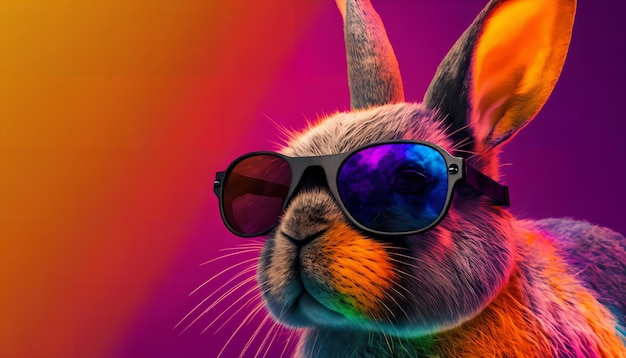 Un conejo con gafas de sol y gafas de colores del arco iris.