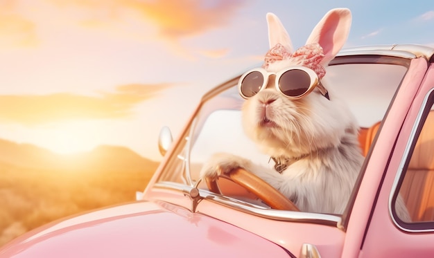 Foto un conejo con gafas de sol y un lazo en un auto