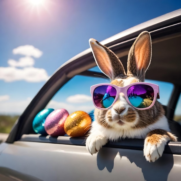 Un conejo con gafas de sol mirando por la ventana de un coche con huevos de Pascua coloridos