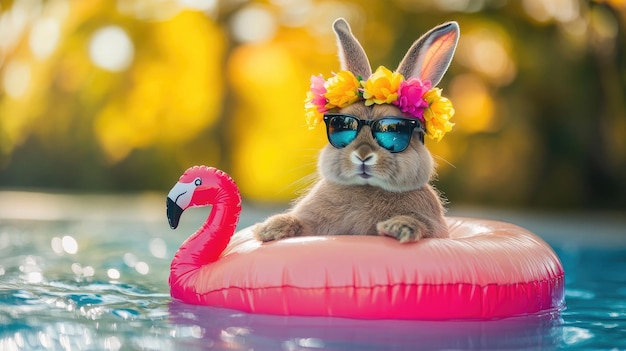 Un conejo con gafas de sol de moda y una colorida corona de flores se relaja en un inflable