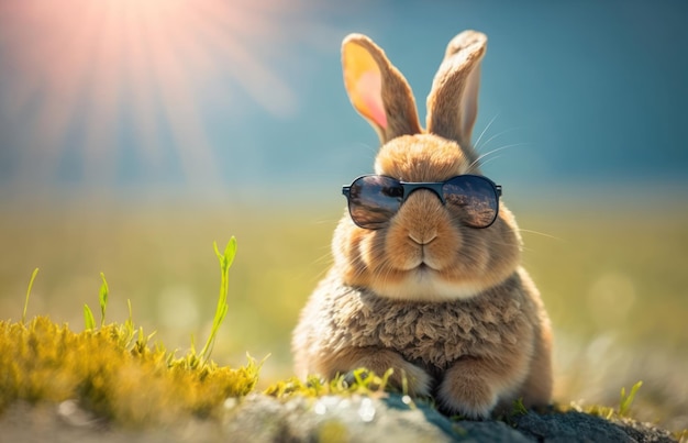 Un conejo con gafas de sol y un par de gafas de sol.