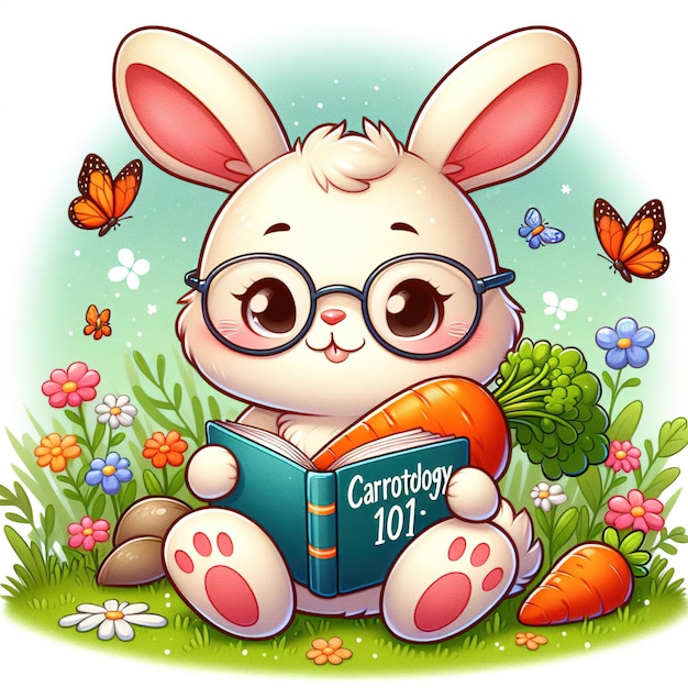 El conejo en gafas con una zanahoria está leyendo un libro al aire libre la ilustración es en un estilo de dibujos animados