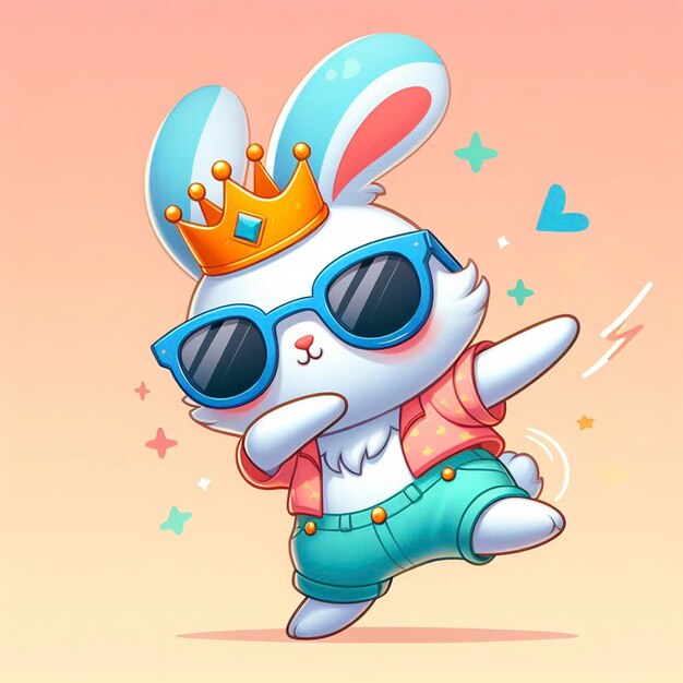 Foto un conejo gracioso con ropa de colores y gafas de sol bailando en el fondo pastel