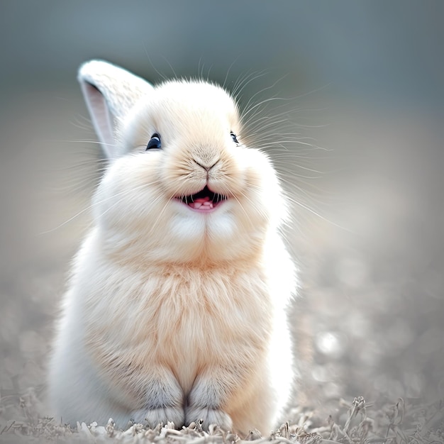 Un conejo con una gran cara blanca está sentado en la grava.