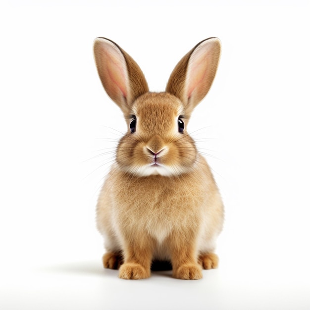 Un conejo con una gran nariz marrón se sienta sobre un fondo blanco.
