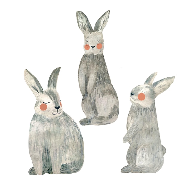 Conejo gris lindo conjunto de bocetos simples de Pascua. Una ilustración de acuarela. Textura dibujada a mano, aislada.