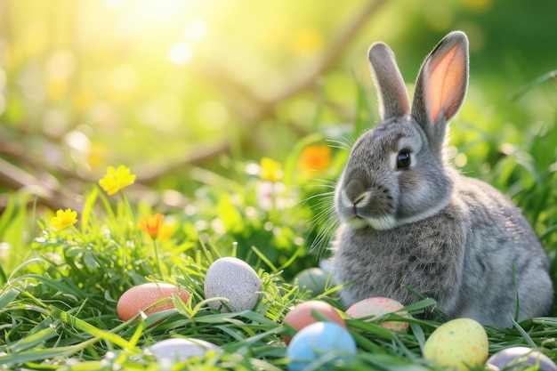 Conejo gris sentado en la hierba verde con varios huevos de Pascua de varios colores en el fondo del jardín