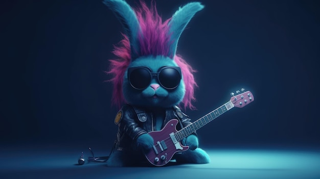 Un conejo con guitarra y gafas de sol toca la guitarra.