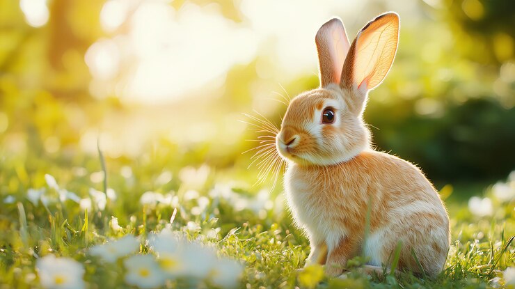 un conejo en la hierba con flores en el fondo