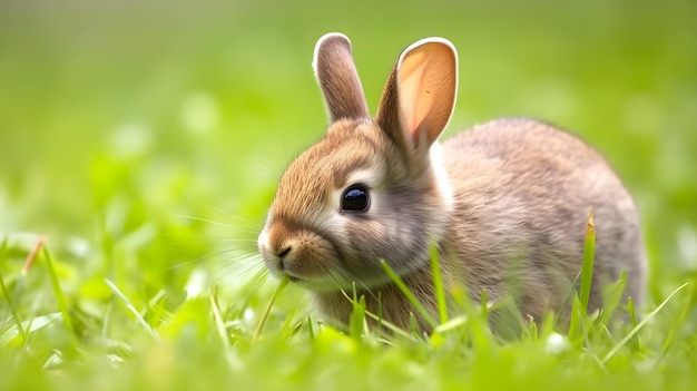 Un conejo en la hierba con un fondo verde.