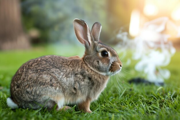 Conejo en la hierba con humo que se eleva en la distancia