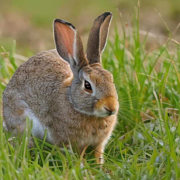 un conejo en la hierba con una mancha blanca en la cara