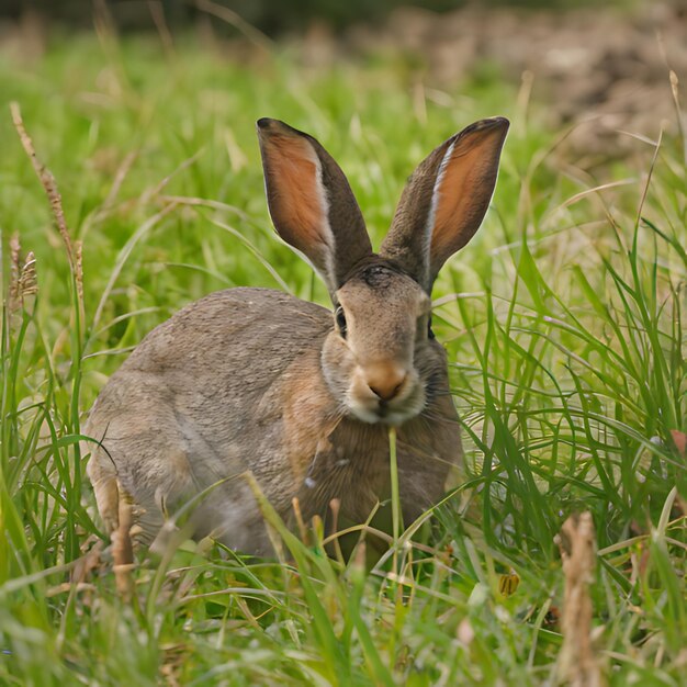 Foto un conejo en la hierba con una oreja y orejas marrones