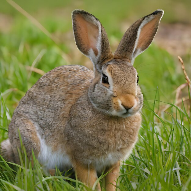 un conejo en la hierba con un parche blanco en la espalda