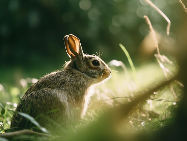 Un conejo en la hierba con el sol brillando sobre él.