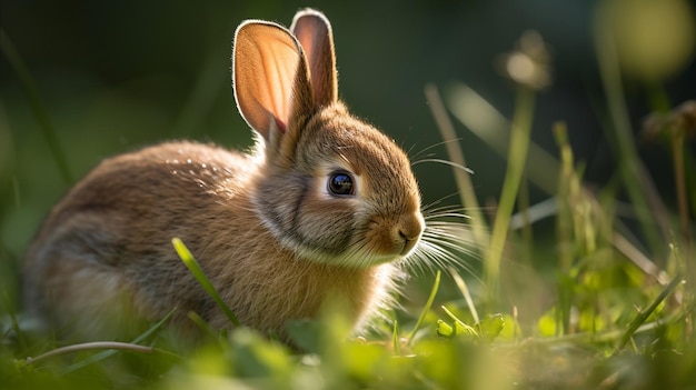 Un conejo en la hierba con el sol brillando sobre él.