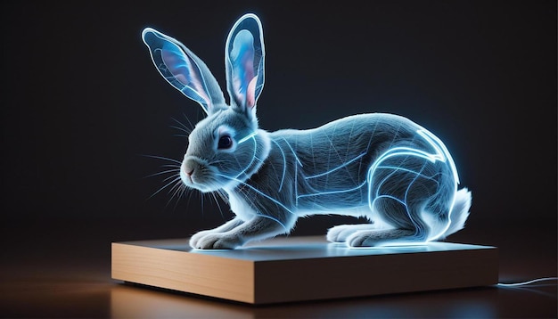 Conejo holográfico generado por IA en un bloque de madera