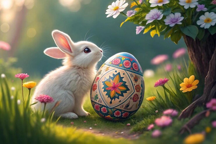 Un conejo con un huevo Un conejo pequeño y lindo sostiene un gran huevo pintado mientras está sentado entre las flores