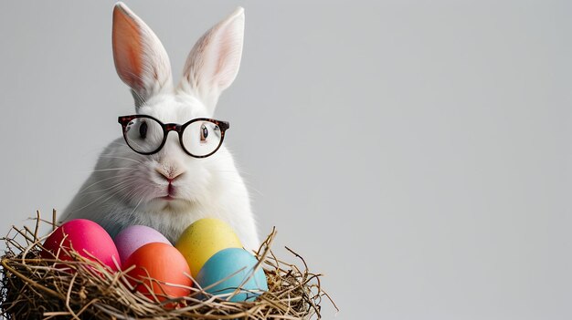 Conejo y huevo Día de Pascua día importante Huevos de Pascua en una canasta con un conejo