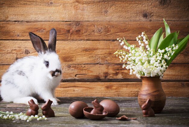 Conejo con huevos de chocolate y flores sobre fondo de madera