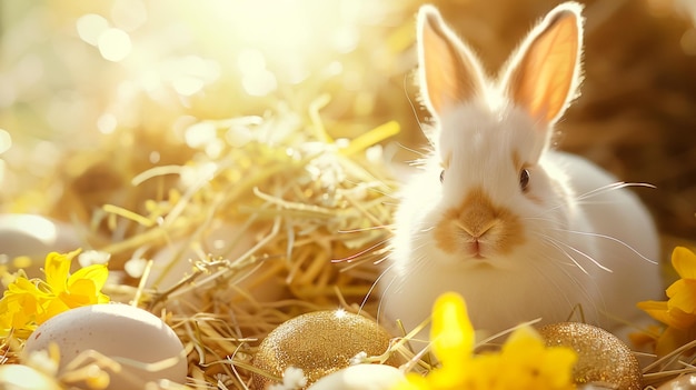 Conejo con huevos frente a una canasta con flores en el fondo