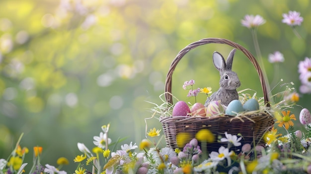 Conejo con huevos de Pascua en una canasta entre flores de primavera