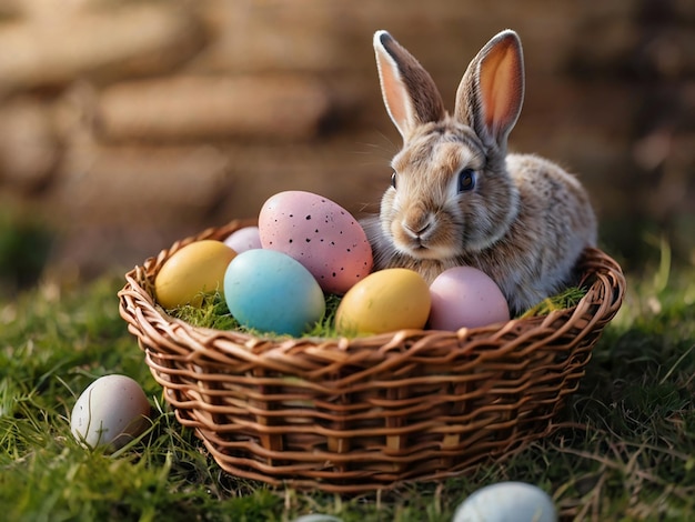 Conejo con huevos de Pascua y una canasta Lunes de Pascua