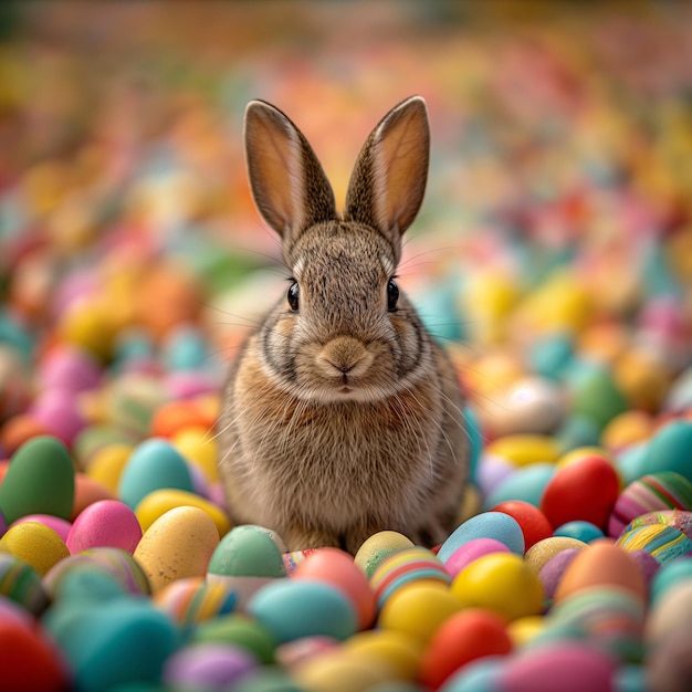 Conejo con huevos de Pascua de colores.