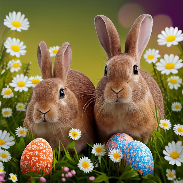 Conejo y huevos de Pascua en hierba verde con cielo azul. IA generativa