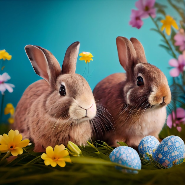 Conejo y huevos de Pascua en hierba verde con cielo azul. IA generativa