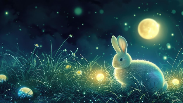 Un conejo con huevos de Pascua se sienta en la hierba bajo una luna llena