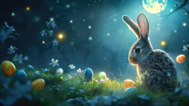 Un conejo con huevos de Pascua se sienta en la hierba bajo una luna llena
