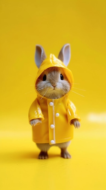 Un conejo en un impermeable amarillo con la palabra conejo en él