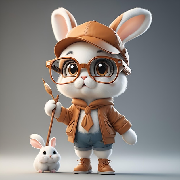 Un conejo de juguete con gafas, un sombrero y un palo con un conejo encima.
