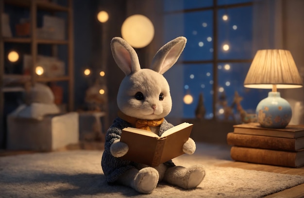 Foto el conejo de juguete está leyendo un libro en la habitación de los niños en una acogedora atmósfera nocturna