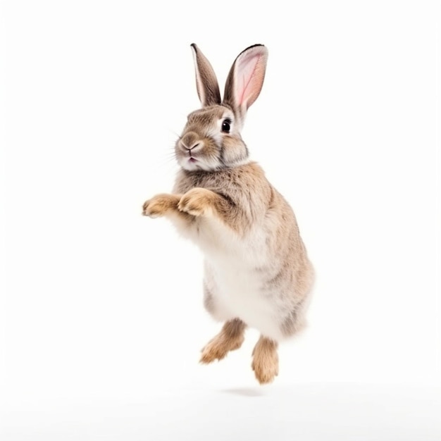 Un conejo juguetón aislado saltando sobre fondo blanco.