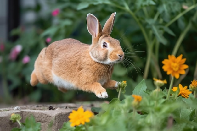 Conejo juguetón saltando y saltando alrededor de un macizo de flores creado con inteligencia artificial generativa