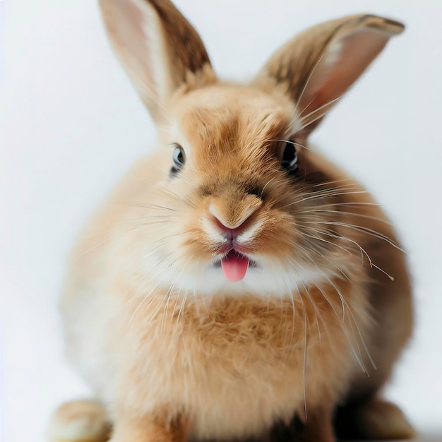 Un conejo con una lengua rosa está sentado en un fondo blanco