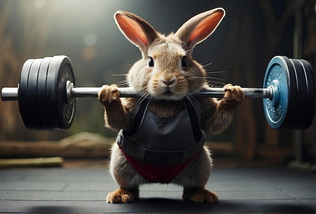Foto conejo levantando barras en el gimnasio