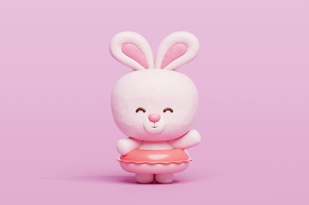 Conejo lindo en 3D con anillos de natación de goma personaje de dibujos animados renderización en 3D