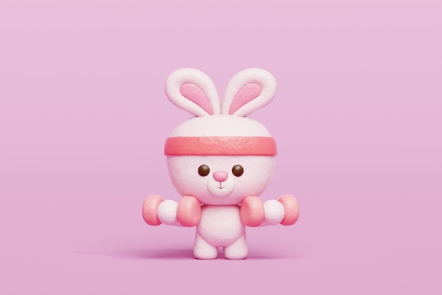 Conejo lindo en 3D haciendo ejercicio con pesas personaje de dibujos animados en 3D