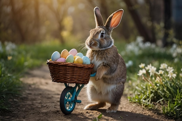 Un conejo lindo y alegre sostiene un huevo y monta una bicicleta con ocasión de la celebración de Pascua