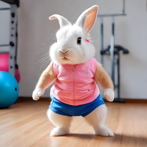 Un conejo lindo y caliente con ropa de entrenamiento en el gimnasio.