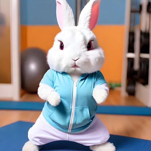 Un conejo lindo y caliente con ropa de entrenamiento en el gimnasio.