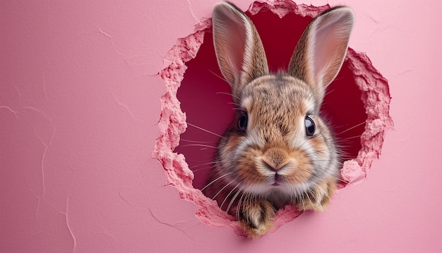 Conejo lindo de dibujos animados mirando fuera de un agujero cortado ilustración de fondo rosa brillante vacaciones de primavera