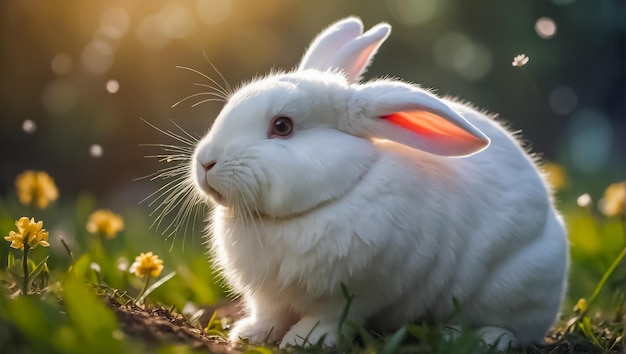 Un conejo lindo y esponjoso con flores.
