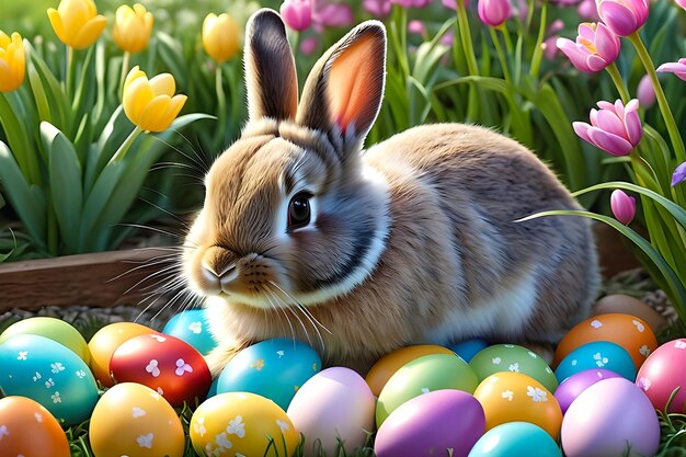 Un conejo lindo está jugando en el jardín con huevos de Pascua coloridos durante la primavera